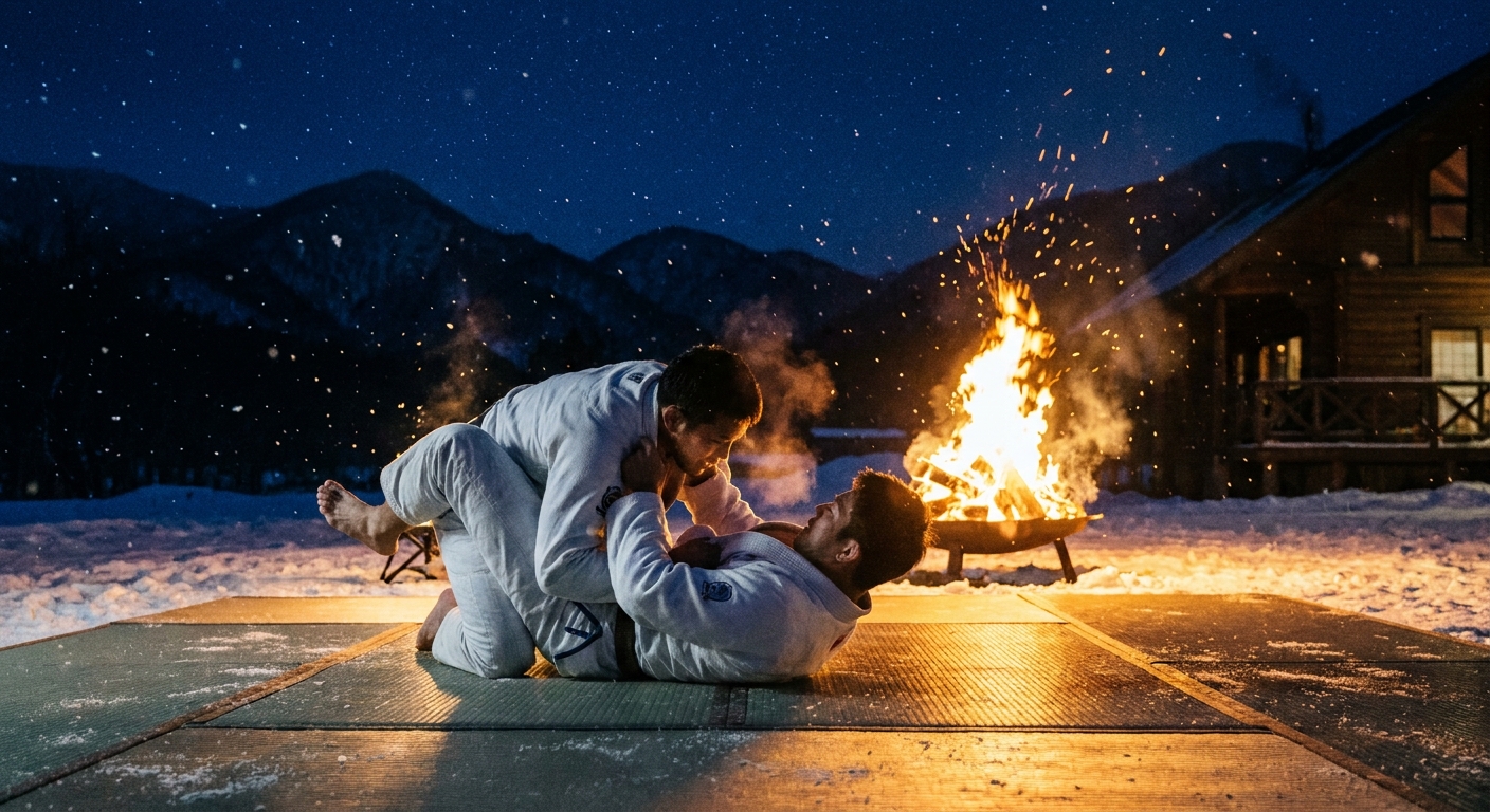 焚き火の光で照らされる夜の柔術稽古 — 雪の熊牛原野、満天の星空