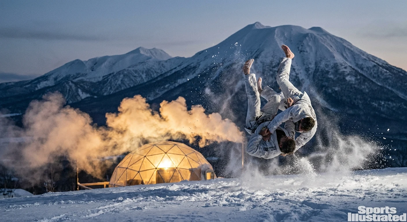 吹雪の草原での屋外投げ込み稽古 — 白い道衣と雪煙