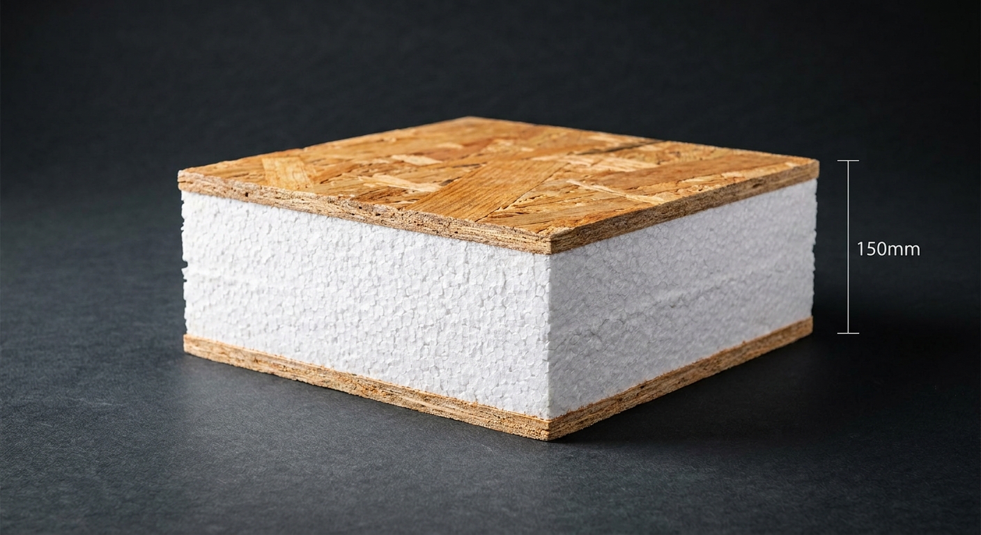 SIPs構造用断熱パネル 断面 — EPSコアとOSB合板の3層構造