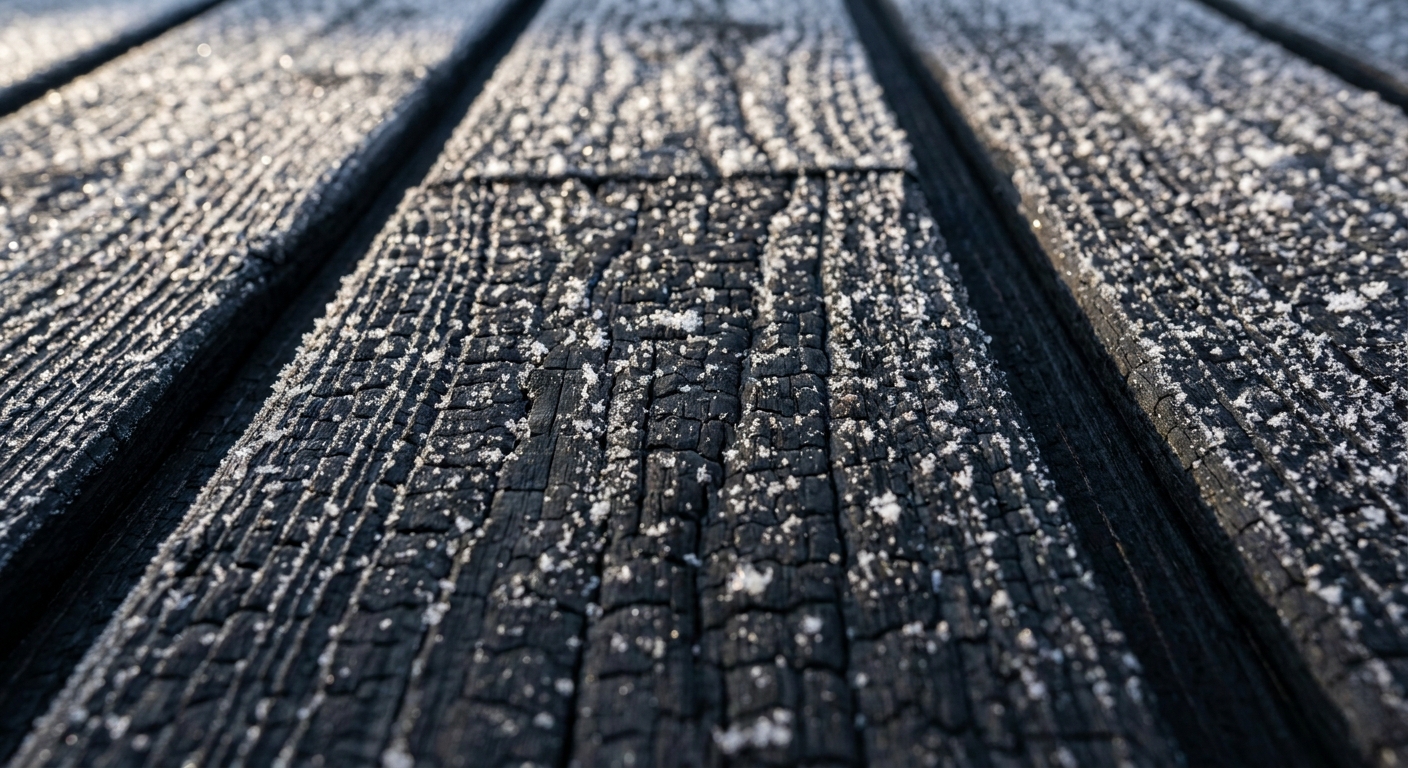 焼杉外装 クローズアップ — 炭化杉の表面テクスチャ